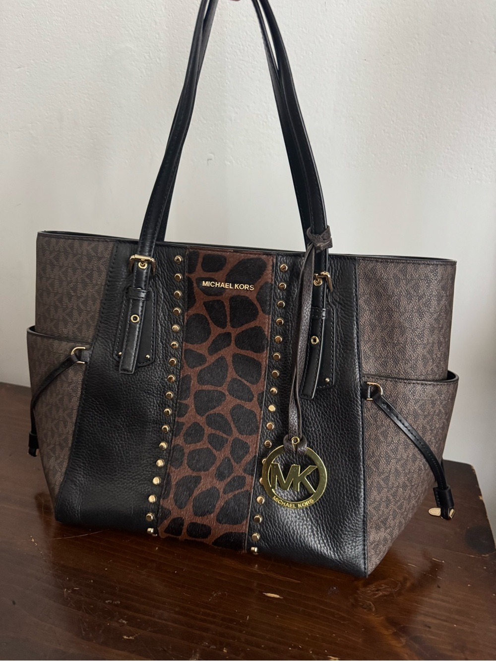 Michael Kors Black and Brown Leopard-Print Logo Tote